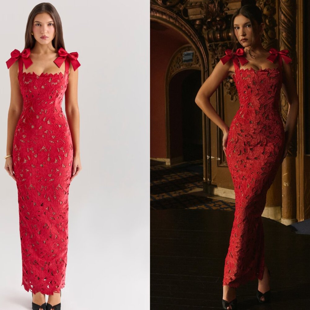 House of CB 'Tiff' holly Red Velvet Lace Maxi Dress NWOT